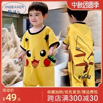 Male and female childrens pajamas spring and summer thin cotton short sleeve jumpsuit