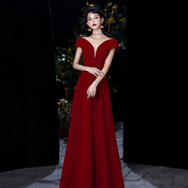 Wine red bridal toast with 2022 new engagement gown dress Dress Temperament satin presenter evening gown girl