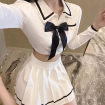 White jk uniform suit female group wind hot girl sexy navel high waist short polo collar top pleated skirt women