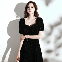 Black evening dress Womens summer can usually wear temperament banquet host dress large size fat mm thin medium and long section