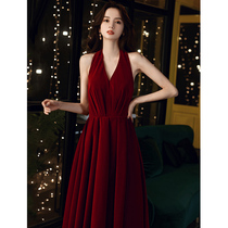 Toast service bride bride 2021 new wedding engagement back wine red Thank you banquet spring and autumn hanging neck evening dress dress women