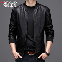 Woodpecker leather mens spring new slim leather jacket mens motorcycle baseball suit spring and autumn middle-aged mens jacket
