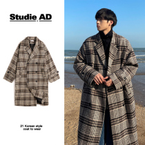 Over-the-knee woolen coat mens autumn and winter trend ins handsome long plaid jacket Tide brand Port wind Joker windbreaker