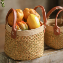Leather binaural linen wrap with hand-carried Straw flower basket size two-piece set home storage basket creative picnic basket