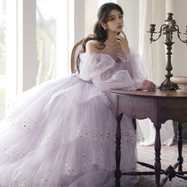 Dress 2021 new one-word shoulder fairy air Forest Wedding Toast dress bride light luxury niche high-end tour host