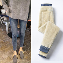 Tide brand Joker lamb cashmere jeans women high waist 2021 autumn and winter wear thin elastic tight small leg pencil pants