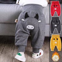 Baby plus velvet pp pants winter men and women baby autumn and winter thick warm trousers high waist Belly Belly wear pants children