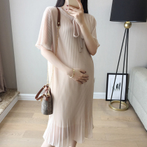 Pregnant womens summer dress summer thin model 2021 new high-end small fragrant wind fairy temperament chiffon pleated skirt