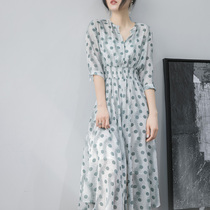 Canary Kiss Green polka dot dress Womens summer French V-neck waist thin short sleeve irregular long dress