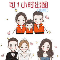 Hand-painted Avatar painting design set to make Q version of cartoon character real-life photo to cartoon anime couple wedding ceremony
