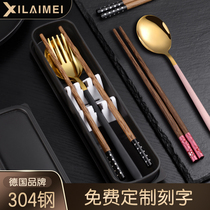 Wood chopsticks spoon package 304 stainless steel students portable Japanese fork three pieces package tableware box