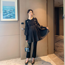 Maternity suit 2021 autumn and winter fashion loose pleated top belly slim straight tube ankle-length pants two-piece set