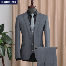 Gray suit suit suit mens three-piece slim Korean business professional dress groom groom wedding dress