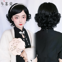 Wig womens short hair costume retro oblique bangs Hand push corrugated Cheongsam shape Republic of China wind pull flower full headgear natural