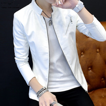 Stand collar leather clothing mens spring and autumn thin short slim white motorcycle coat Korean version trend Korean solid color leather jacket