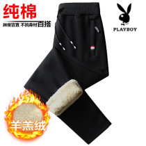 Playboy lamb cashmere mens pants winter plus velvet thickened middle-aged high-waisted straight pants dad warm pants