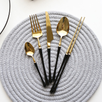 Shaking sound Net Red and Black Gold 304 stainless steel steak knife and fork two sets of Western tableware dessert knife and fork spoon chopsticks 3 sets