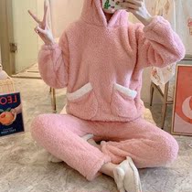 Coral velvet pajamas women autumn and winter plus velvet padded students Korean cute cartoon hooded plush home suit suit
