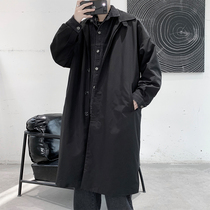 Denim splicing fake two long windbreaker mens autumn Korean knee coat British style loose Ruffian handsome coat