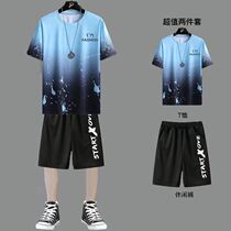 Mens Short Sleeved T-shirt Summer Ice Wire Dry and Easy Sports Casual Set Brand Wear a complete suite of clothes