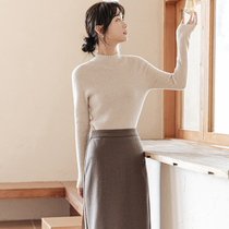 100% pure wool semi-high neck knitwear womens autumn and winter long sleeve slim body thick inner tie base coat Joker sweater