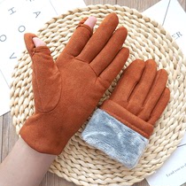 Autumn and winter couples for men and women plus velvet Dew finger touch screen thick warm riding suede gloves