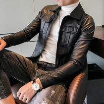 Locomotive leather mens leather slim Korean version 2021 spring new suit collar mens leather jacket jacket handsome