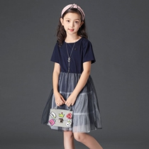 Girls  dresses summer 2021 new Western style mid-sized childrens short-sleeved skirt Korean version of the stitching puffy yarn princess skirt