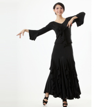 National standard modern dance dress lace collar flared collar trumpet sleeve hip Flying Edge big swing skirt suit ballroom dance costume