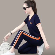 Sportswear Suit Lady Summer 2022 New Broadlegged Pants Short Sleeve V Collar Casual Clothing Embroidered Running Two Sets