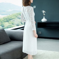 High-grade white fairy fairy long-sleeved lace Chiffon dress womens spring and autumn long pleated large swing long skirt