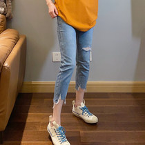Large size womens summer clothes straight tube jeans 2022 new elastic thin hip legs thick hole womens pants