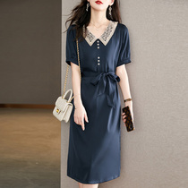 Doll collar dress womens summer 2021 new lace-up chiffon waist short-sleeved mid-length dress thin section age reduction