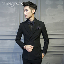 Suit suit mens three-piece Korean slim black double-breasted suit business formal groom wedding dress tide