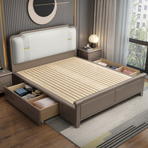  New Chinese style solid wood bed Modern light luxury style 1 8m double master bed 1 5m soft back simple box storage bed