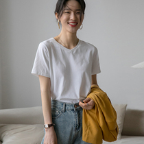 Raw Water Summer Short Sleeve V Collar Pure Cotton White Positive Shoulder T Shirt Loose Half Sleeve Blouses Bottom Jersey Woman Summer 100 Hitch