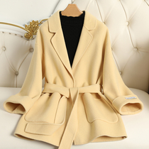 Milk yellow bifacial cashmere big coat woman short and small sub autumn winter fur coat lacing to collect waist wool coat
