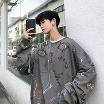 Personality graffiti sweater Mens spring and Autumn Hong Kong fashion round neck hip-hop handsome and versatile large size fat top clothes