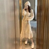 Осеннее кружевное элегантное платье, юбка, французский стиль, V-образный вырез, изысканный стиль, яркий броский стиль