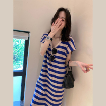 2021 New French Style Sentesian Fried Street Casual Superior Streaks Knit V Collar Dress children Summer Korean version