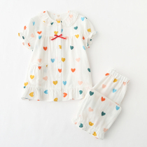 Summer cotton yarn cloth Children girls cute love short-sleeved shorts pajama suit Cotton girls home clothes