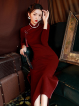 Wine red flagrobe temperament medium thin and ancient Shanghai Chinese wind bride toasting dress female autumn