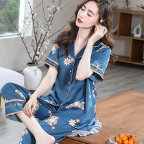 Womens pajamas summer 2021 new ice silk short-sleeved trousers Korean version of summer thin section simulation silk high-end home clothes