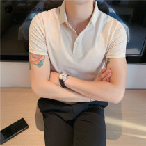 Mens t-shirt business British solid color Korean version slim fit lead sub-top trend elastic youth short-sleeved polo shirt