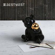 New simple black bear hand holder golden ball ceramic decoration creative home living room wine cabinet soft decoration