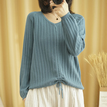 2020 winter New Korean V neck cotton linen long sleeve sweater loose slim pullover sweater base shirt Women