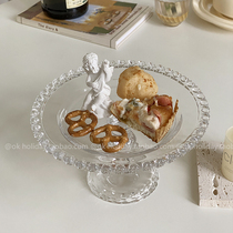 INS Korean style European transparent glass Love edge home pastry fruit plate high foot display tray ornaments