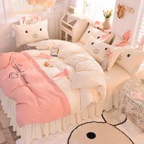 ins cute pattern bed skirt four-piece cotton cotton princess girl heart nude sleep non-slip quilt cover cover bed 4