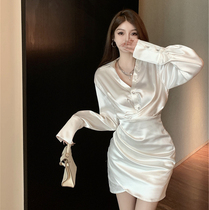 Big Code Womens Superior Sense Temperament Satin Shirt Dress Shirt Dress Spring Summer Fat MM Pure Desire To Wind Down The Waist Display Slim Wrap Hip Skirt