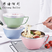Stainless steel bubble bowl cover students Korean lunch box anti-hot female and cute dorm convenient noodle bowl set